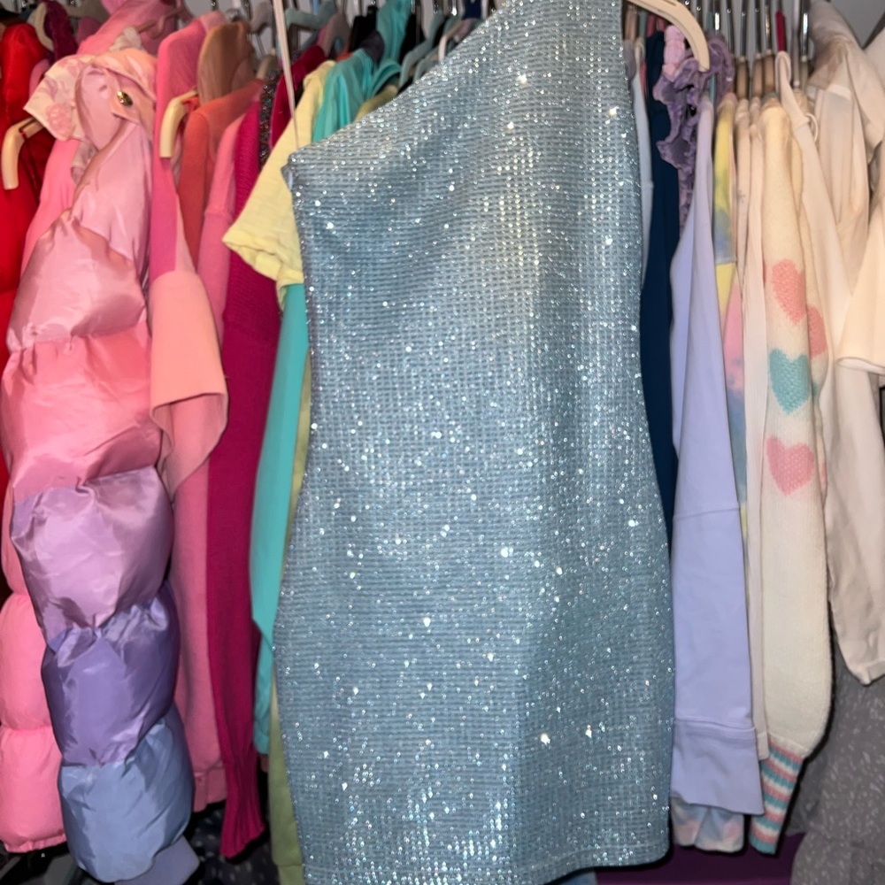 powdered blue sparkly mini dress size xs